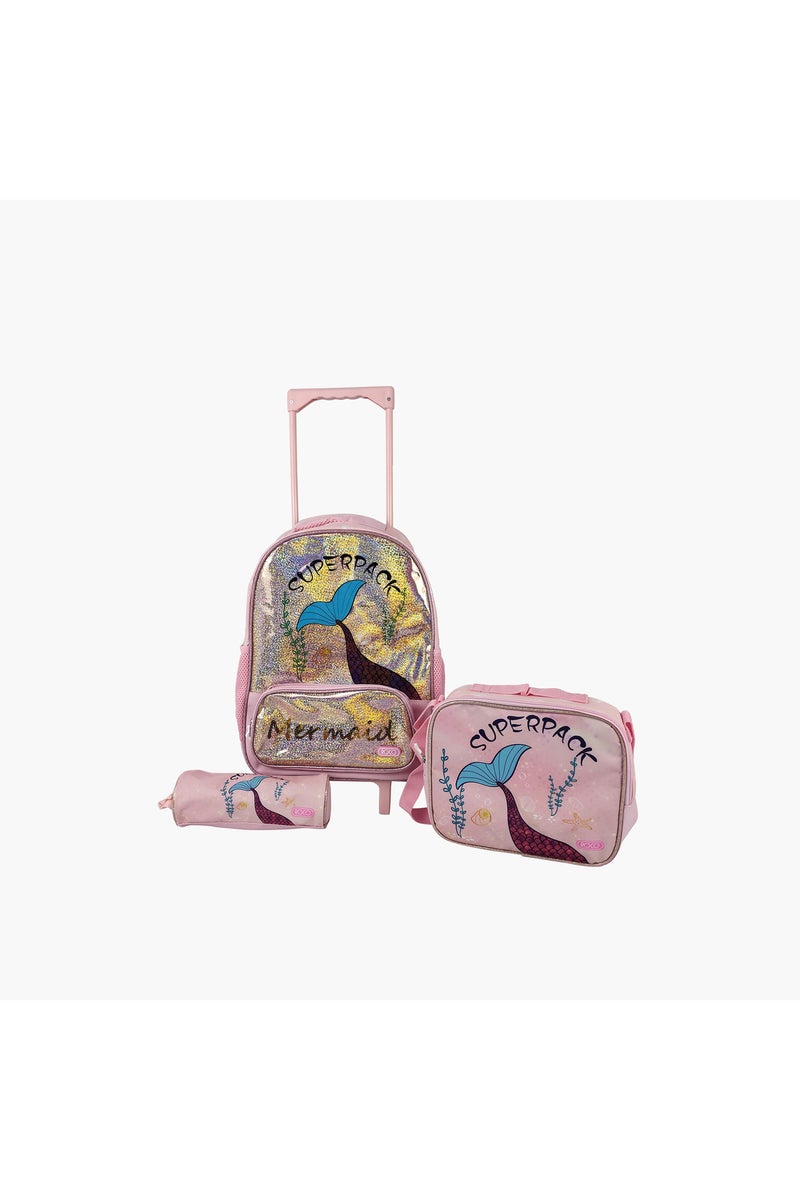 3-Piece Mermaid Print Trolley Backpack Set - 16 inches